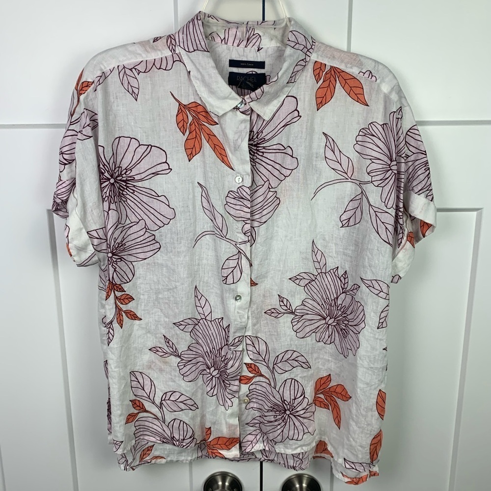 Rachel Roy LARGE 100% Linen Blouse Button Front White Purple Floral Tropical